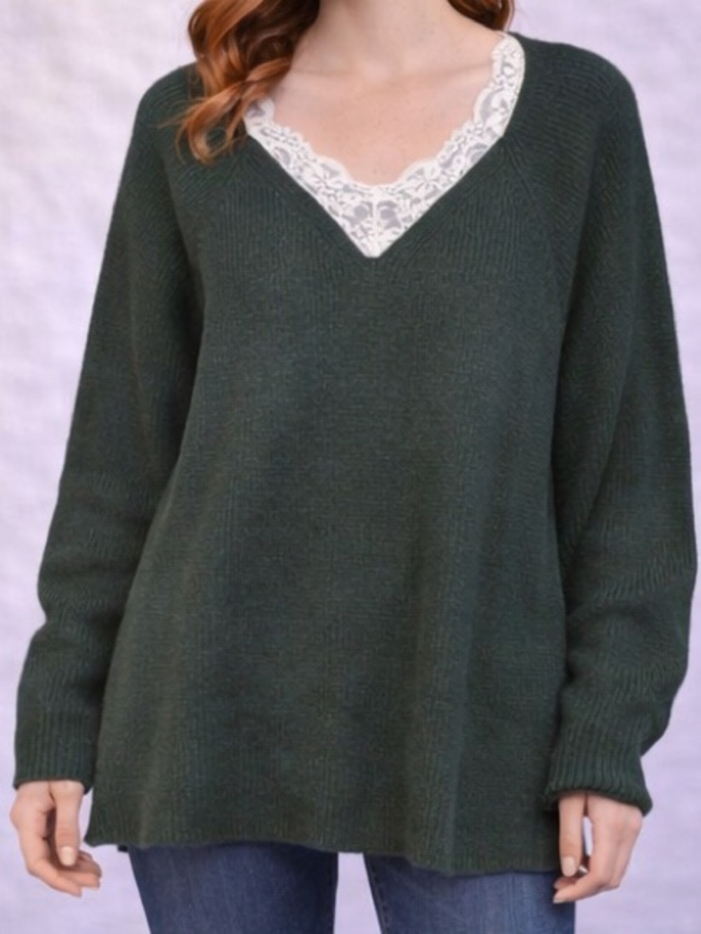Women’s Forest Green Plus Size Sweater with Lace Trim - Size 3X